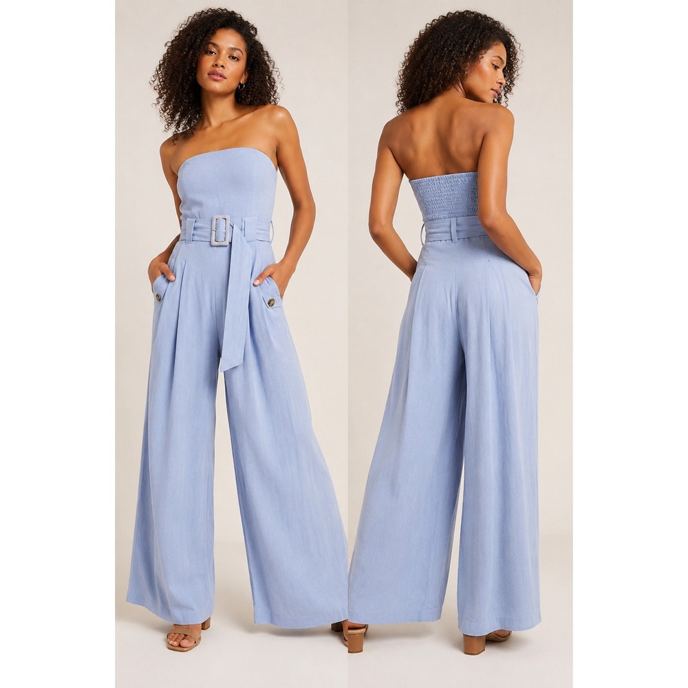 Free People Lucia Strapless Belted Jumpsuit 4 Blue Linen Wide Leg Boho Coastal